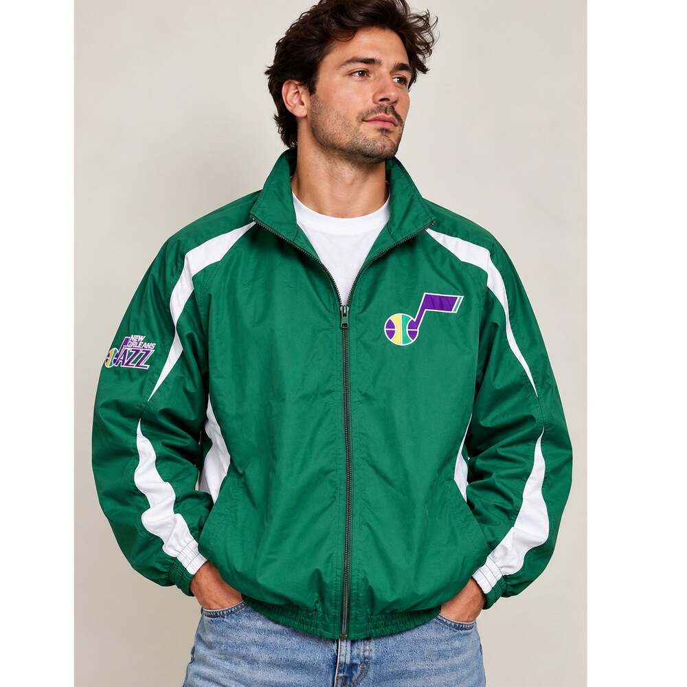 NBA Hardwood Classics New Orleans Jazz Green White Windbreaker Jacket 2XL